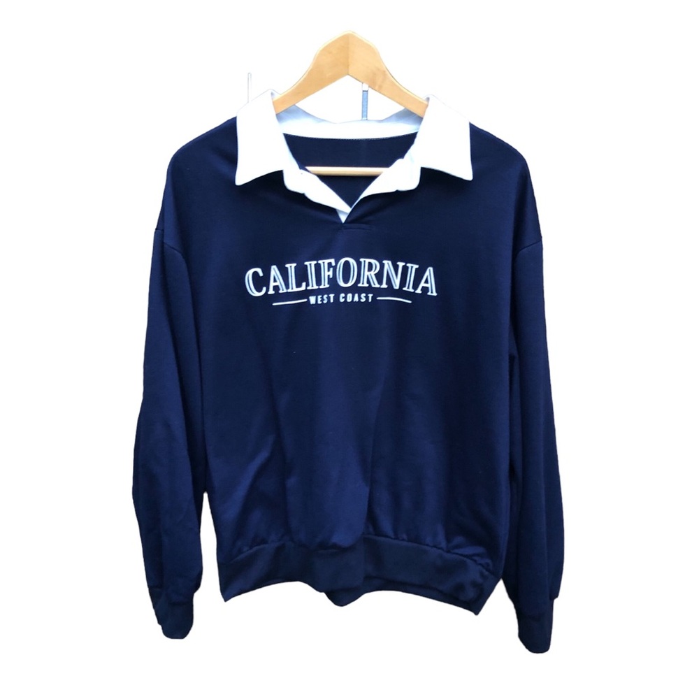 California Collared Sweatshirt  Preppy Navy & White Lightweight Sz. Large